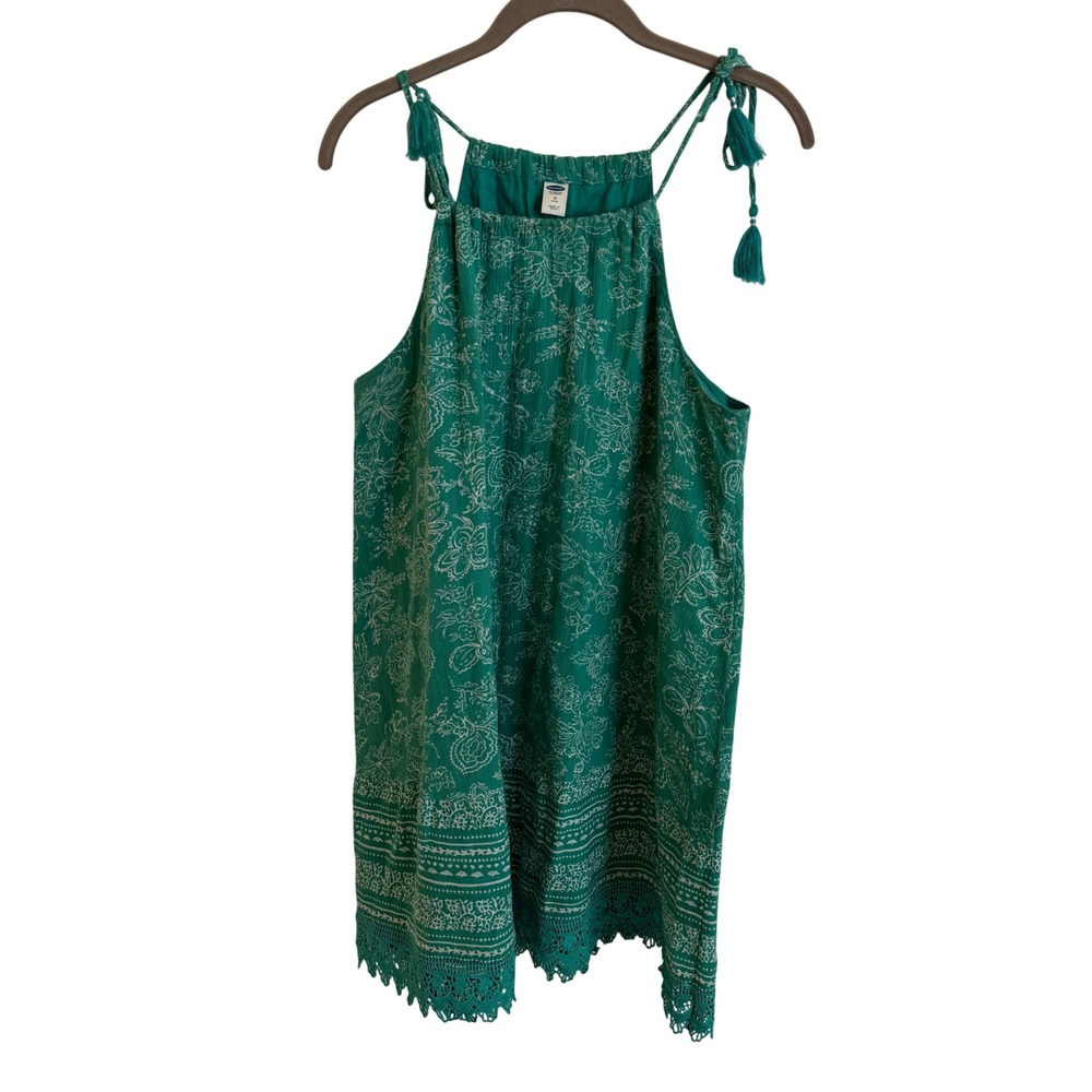 Old Navy Green Floral Block Print Halter Mini Dress Petite M Tassel Crochet Trim